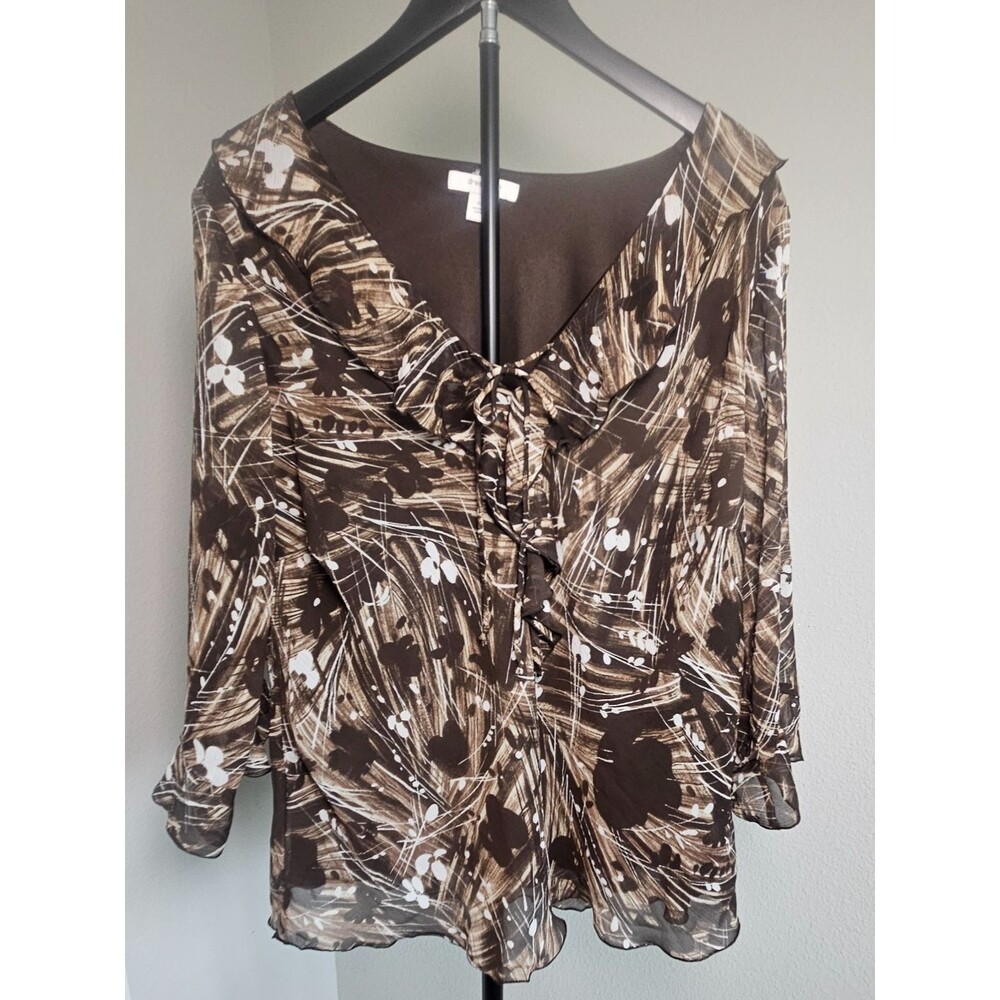Dressbarn Womens 2X Sheer Blouse Brown Abstract Floral Boho Tie Neck Top